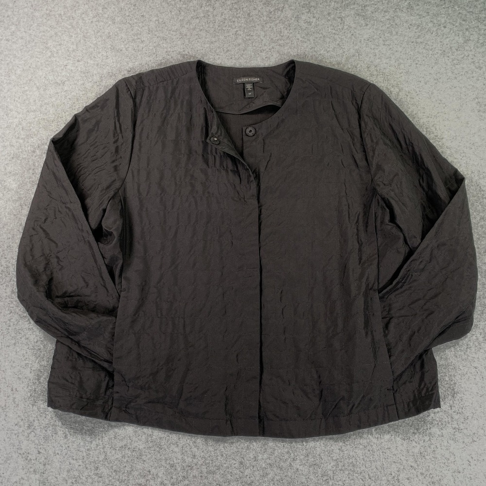 Eileen Fisher Quilted Silk Jacket Womens Petite Small Black Collarless Lined